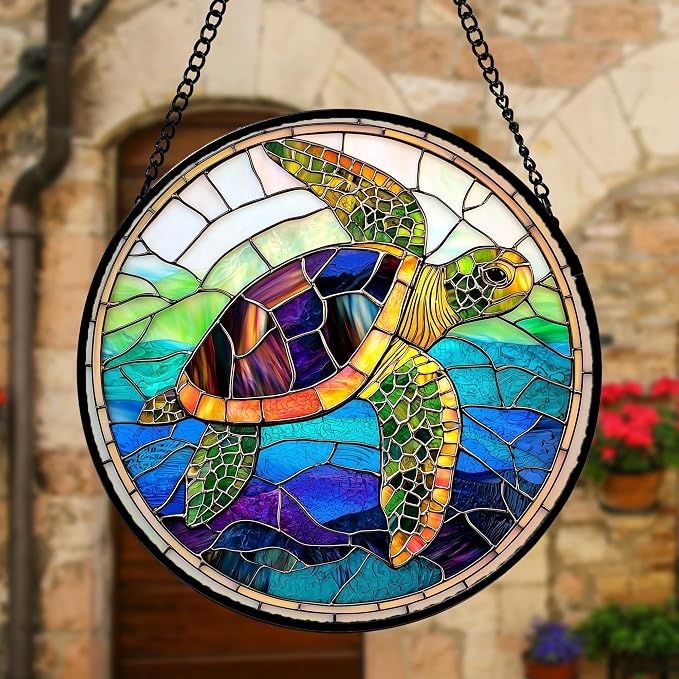 DASTOLL Stained Glass Window Hanging, Colored Turtle Ocean Suncatcher Diamond Glass Panel Hangings Marine Life Sun Catchers Decor for Birthday for Women, Men, Wife, Aunt, Mom 11.8 in