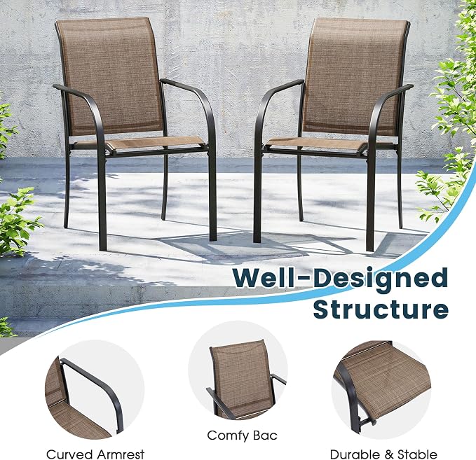 5 Pieces Patio Dining Set, 38" Square Dining Table with Umbrella Hole, 4 Stackable Textilene Fabric Chairs, Metal Structure for Patio, Porch, Garden(Black Table, Brown Chair)