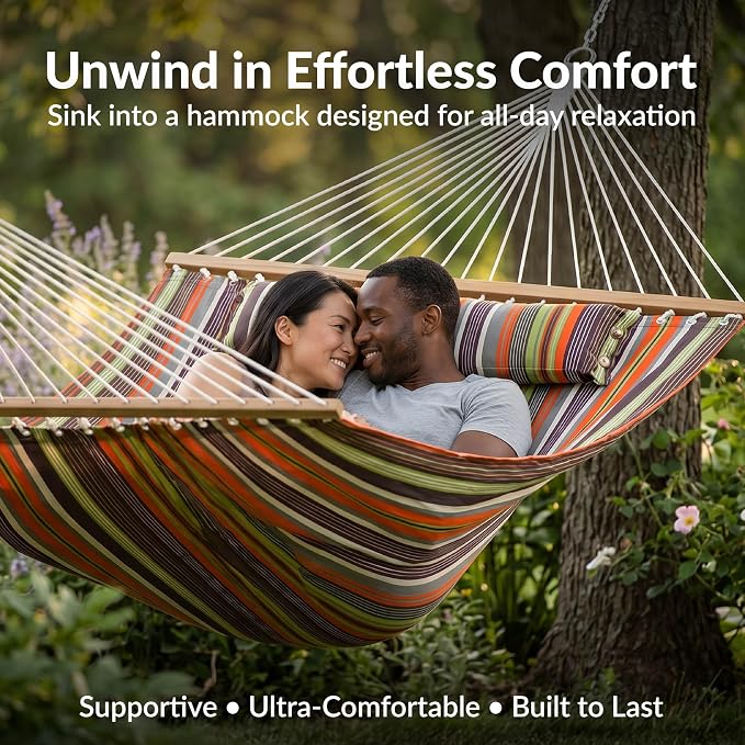 Sunnydaze Quilted Double Hammock for Outside with Spreader Bars and Pillow - 450 lb Capacity, 74x55 Inch Bed, UV Resistant, Quick Dry - Chains Included, Stand Sold Separately - Canyon Sunset