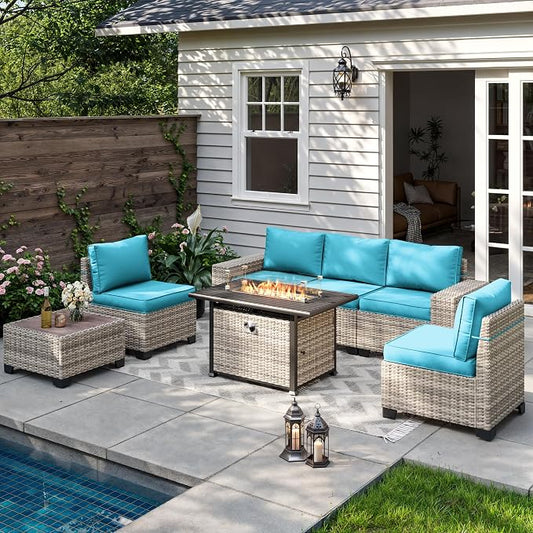 7-Piece Outdoor Patio Furniture Set with 55,000 BTU Fire Pit Table, PE Wicker Rattan Sectional Sofa Set Patio Conversation Set with Coffee Table, Turquoise