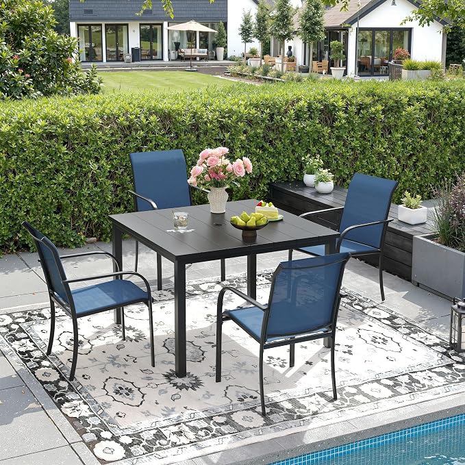 DIFY 5 Pieces Outdoor Patio Dining Set for 4, 40.2" Black Square Metal Dining Table and 4 Blue Stackable Textilene Patio Chairs, Outdoor Table and Chairs for Backyard Garden Poolside