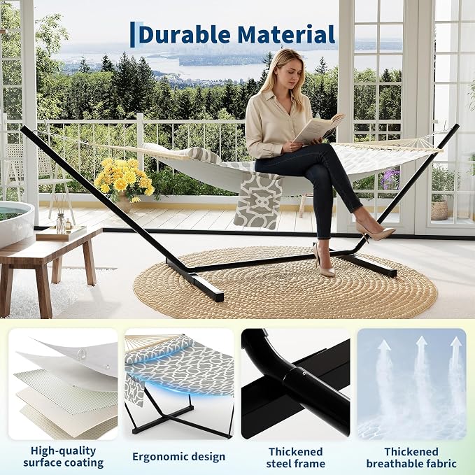 Double Hammock with Stand, 2 Person Heavy Duty Outdoor Hammock with 12FT Stand, Adjustable Steel Frame, Detachable Pillow,Carry Bag Included,450lbs Capacity, Indoor Outdoor Swing Bed–Light Gray
