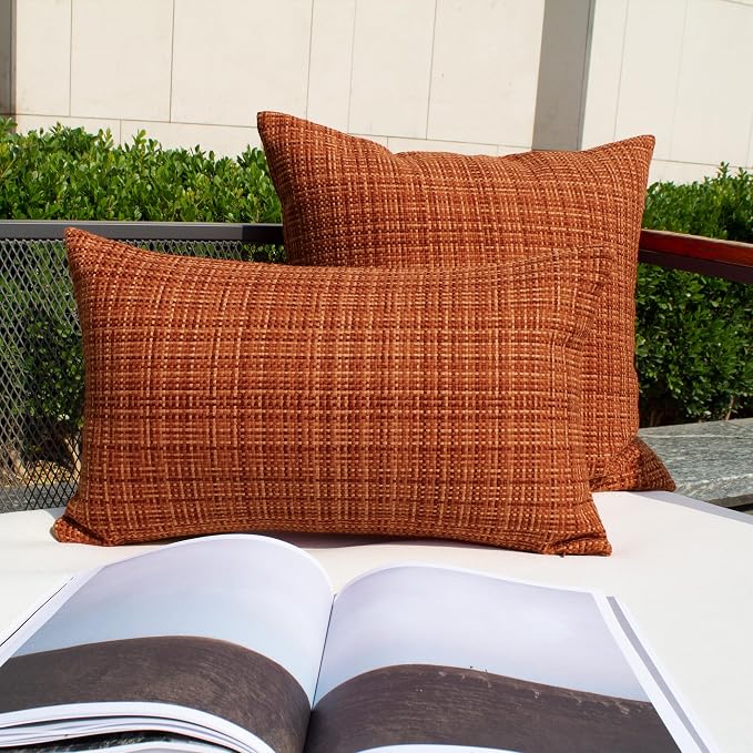 Kevin Textile Outdoor Waterproof 24"x24" Pillow Covers 2 Pack, Burnt Orange | Fall Water Resistant, Faux Linen Yarn-dyed, Woven Texture Euro Throw Pillow Covers for Tent Patio Garden Couch Sofa