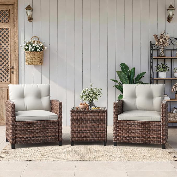 GarveeLife 3 Pieces Patio Furniture Set, PE Rattan Patio Conversation Set with Tempered Glass Tabletop, Outdoor Wicker Chairs and Table Set for Patio Balcony Garden, Brown & Beige