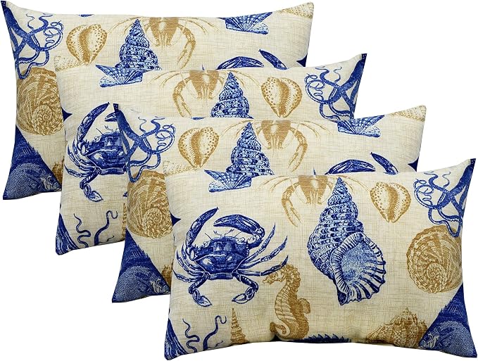 RSH Décor Set of 4 Lumbar Throw Pillows – 20” x 12” Reversible Decorative Accent Cushions for Patio, Porch, or Living Room – All Weather Polyester Fabric – Blue Tan Crab