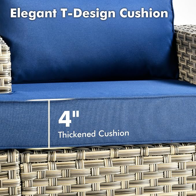 WEAXTY 6 Pieces Patio Furniture Set, Outdoor Sectional Sofa Couch with Solar Coffee Table, All-Weather Outside Furniture Patio Conversation Sets for Backyard Porch Balcony (Navy Blue)