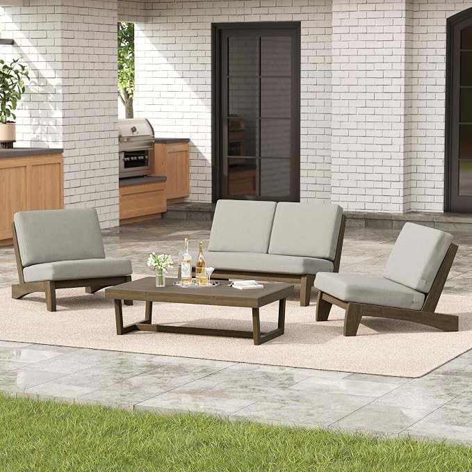 4 Pieces Patio Furniture Sets, All-Weather Outdoor Wood Bistro Set Patio Conversation Coffee Table Chiars and Patio Loveseat for Balcony, Backyard