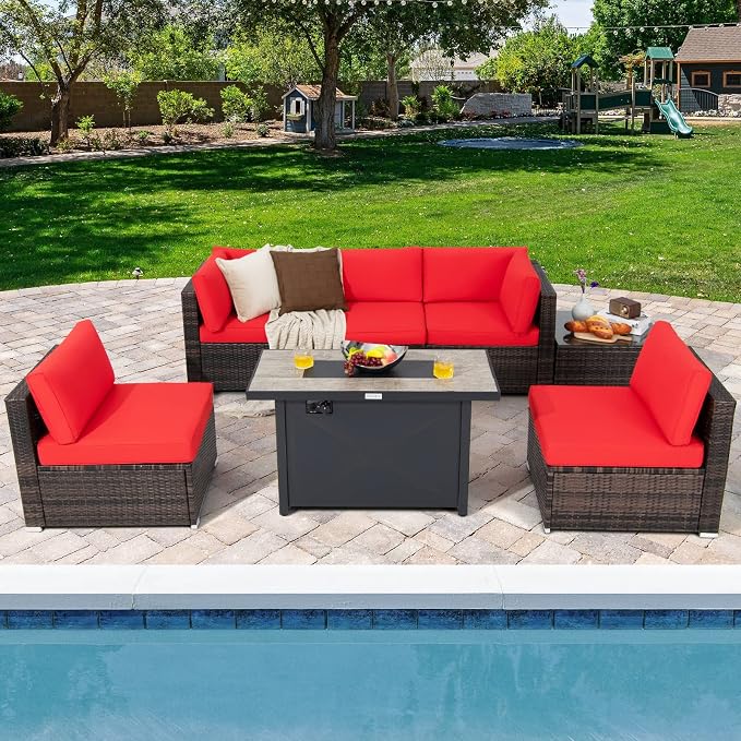 Tangkula 7 Piece Patio Furniture Set with Fire Pit Table, Includes 42 Inches 60,000 BTU Propane Rectangle Fire Pit Table and Protective Cover, Outdoor Cushioned Sectional Sofa Set for 5 (Red)
