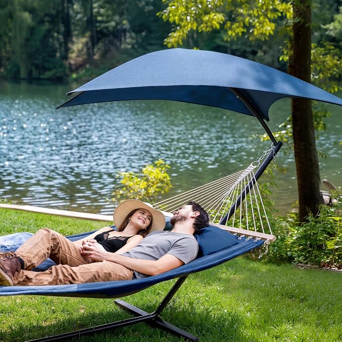 SUNCREAT Hammocks for Outside with Stand, Sunshade, Porch Hammock and Stand, 475 lbs Capacity, Patent Pending, Navy