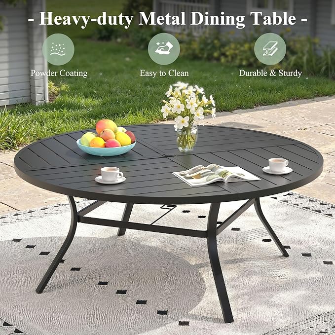 Outdoor Dining Set for 8, 63.1" Metal Round Outdoor Dining Table with Umbrella Hole and Sling Patio Swivel Chairs, 9 Pieces Patio Table and Chairs Set for Garden Backyard, Dark Blue and Black
