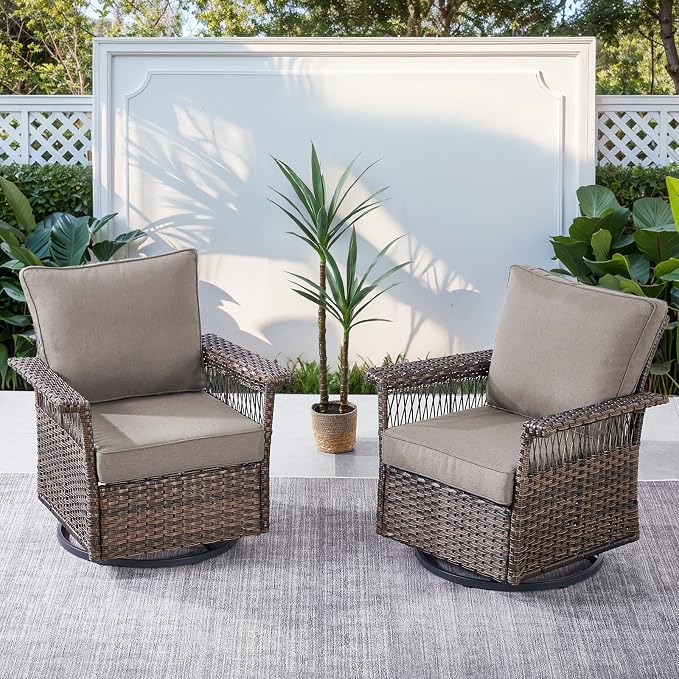 Patio Furniture Set with Fire Pit Table, 7PCS Patio Conversation Set Brown Resin Wicker Swivel Patio Chair Sofa Ottoman Set with Side Table and Fire Table PE Rattan Furniture Set