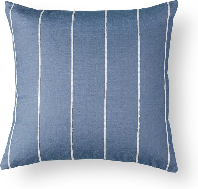 Coastal Linen Indoor Outdoor Throw Pillow Cover Only, 22"x22" Water Repellent for Patio, Backyard, Couch, Azure Blue Embroidered Stripes