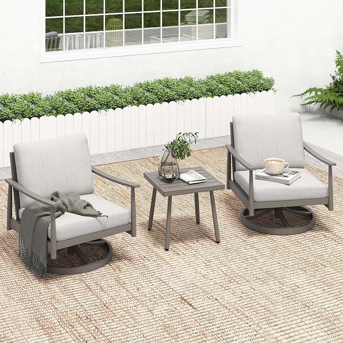 HAPPATIO Patio Conversation Set 3 Pieces, Patio Aluminum Conversation Furniture Set, 2 Swivel Chairs with Backrest Rope Design and 1 Side Table for Garden, Pool, and Lawn (Grey)