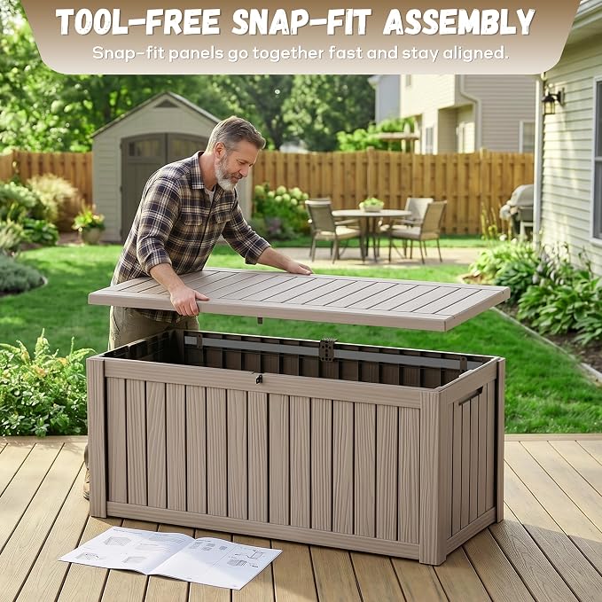 EasyUp 150 Gallon Deck Box Large Deck Box for Indoor and Outdoor,Waterproof Storage Boxs for Patio Furniture,Garden Tools,Cushions, Lockable and UV Resistant,Easy to Install(Grey)