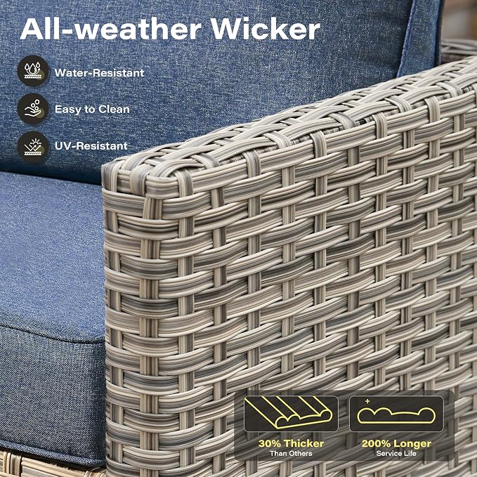 9 Pieces Outdoor Sectional Patio Furniture Set with 42" Fire Pit,Conversation Sets Rattan Wicker L Shaped Couch Swivel Rocking Chairs,Modular Outdoor Sofa for Porch Balcony Backyard Blue