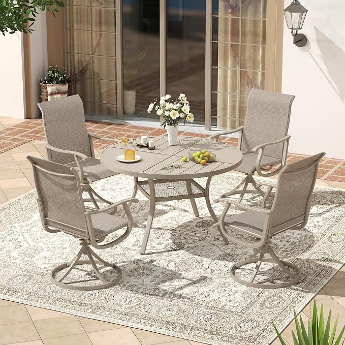 VICLLAX Patio 5 Pieces Outdoor Dining Set, 40.6" Round Metal Table with Umbrella Hole and Storage Shelf, 4 Swivel Textilene Chairs for Lawn, Garden, Porch, Sandshell