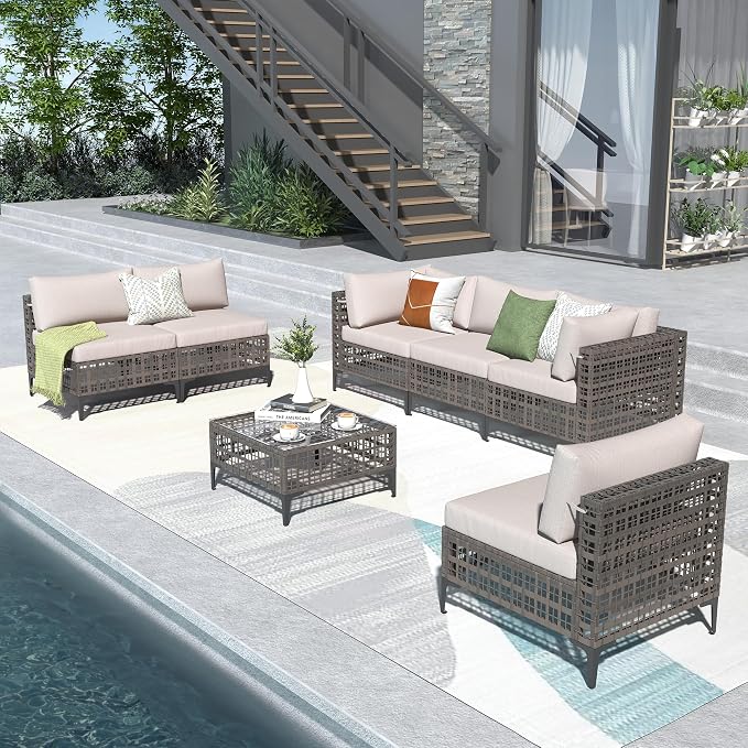 Patiorama 7 Piece Wicker Patio Furniture Set, Metal-Colored PE Rattan Outdoor Conversation Set Sectional Sofa with Water Resistant Cushion and Glass Table, Outdoor Couch, Porch, Backyard-Sand Beige