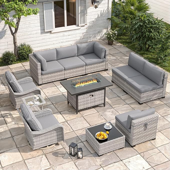 8-Seat Outdoor Wicker Patio Furniture Set with Fire Pit Table, Modular Rattan Sectional Sofa & 2 Swivel Rocking Chairs, 4" Thick Cushions, Rust-Resistant Frame,Gray