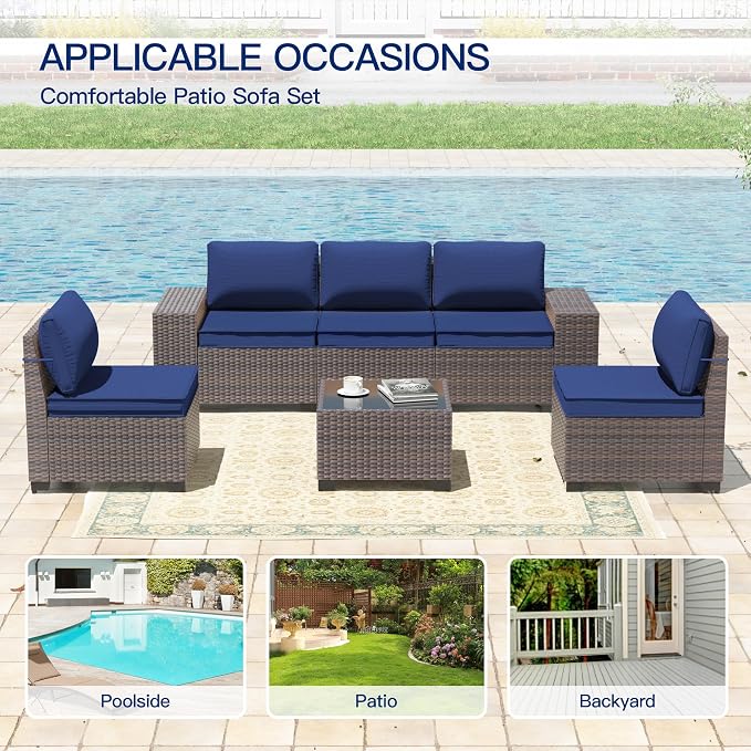 6 Pieces Patio Furniture Sets with Glass Tea Table,PE Rattan Wicker Patio Conversation Set with Washable Cushions,Outdoor Patio Sectional Furniture Set for Backyard, Poolside, Garden,Navy