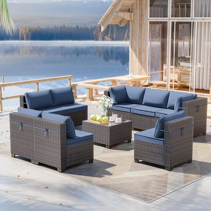 ALAULM 9 Pieces Patio Furniture Set Wicker Patio Conversation Set, Outdoor Sectional Furniture w/Coffee Table & Washable Seat Cushions-Dark Blue