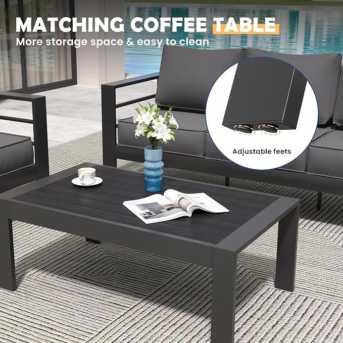 Amopatio Aluminum Patio Furniture Set, 6 Pieces Modern Patio Conversation Sets, Outdoor Sectional Metal Sofa with Coffee Table for Balcony, Garden, Dark Grey (Included Waterproof Covers)