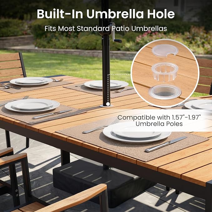 11-Piece Patio Dining Set,95in Aluminum Outdoor Table with 10 Chairs | Adjustable Reclining Back& Wood Grain Tabletop with Umbrella Hole for Garden Backyard Porch, Brown
