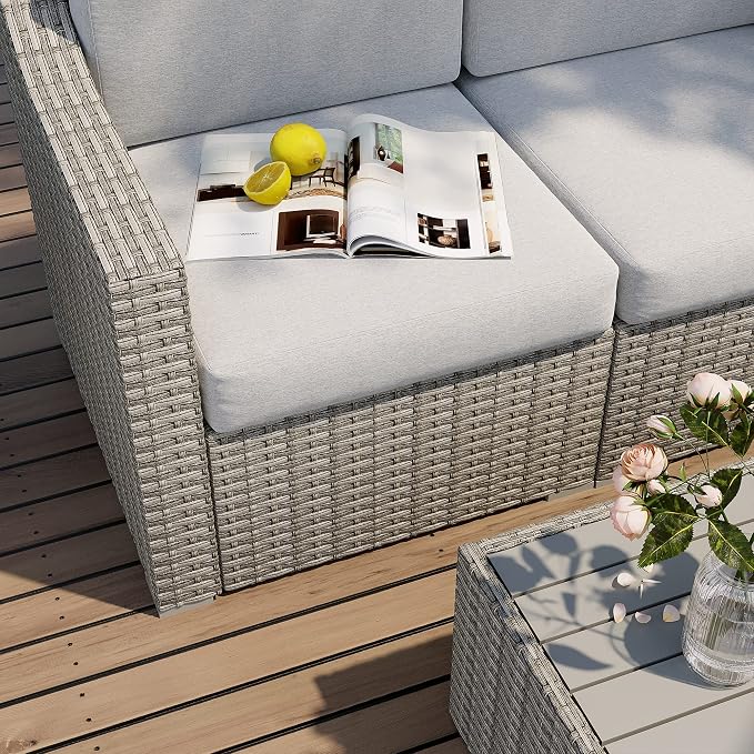 HAPPATIO 7 Piece Patio Conversation Set,Rattan Wicker Outdoor Sectional Sofa,All-Weather Patio Furniture Set,Multiple Combination Sofa. Patio sectional Set.(Gray/Beige)