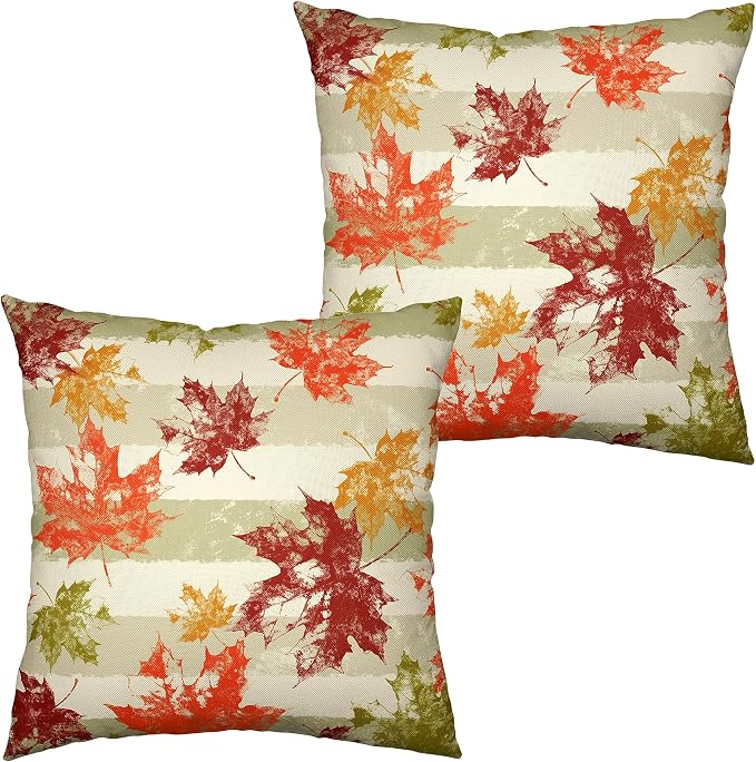 Thanksgiving Colorful Maple Leaves Throw Pillow Covers 16x16 Set of 2 Fall Decorative Pillow Covers Green Grey White Striped Pillow Covers Autumn Outdoor Pillow Case for Living Room Patio Sofa