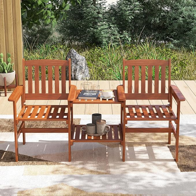 Tangkual Outdoor Wood Bench Loveseat with Built-in Table with1.57 Umbrella Hole, 2-Seater Outdoor Patio Furniture Set for Porch, Deck, Garden and Backyard