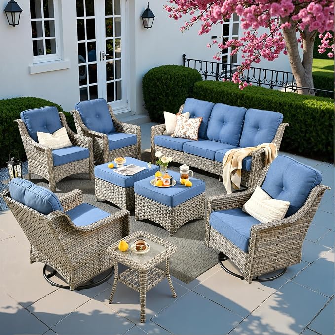 8 PCS Outdoor Patio Furniture Sets,Patio Conversation Sets Outside Rattan Soft Cushion Sofa with 2 Wicker Rocking Chairs Soft Cushion Fit Backyard Porch Garden Poolside Balcony,Diamond Blue