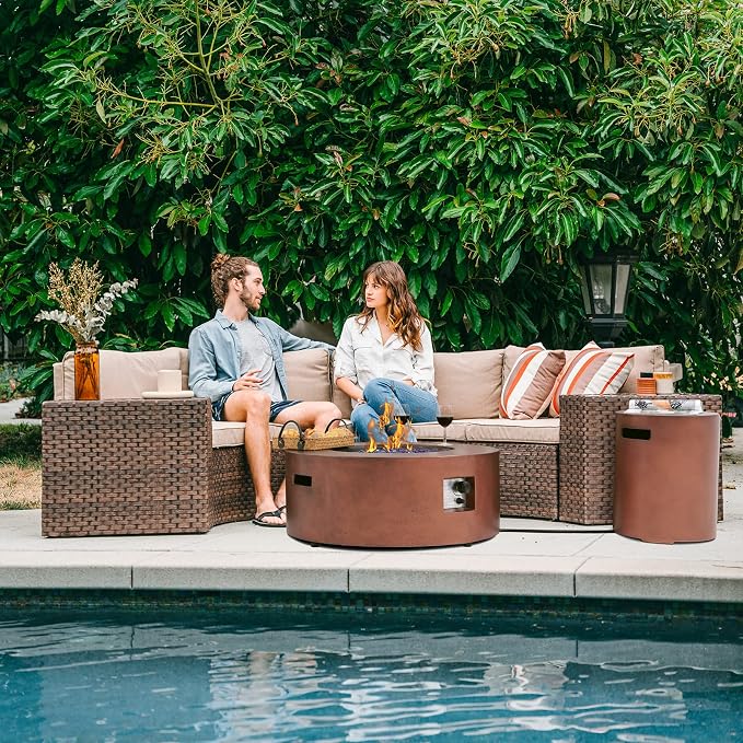 SUNSITT 8 Piece Patio Furniture Set with Propane Fire Pit Halfmoon Outdoor Round Sectional Sofa with 36" Bronze Gas Fire Table & Tank Holder, Brown Rattan
