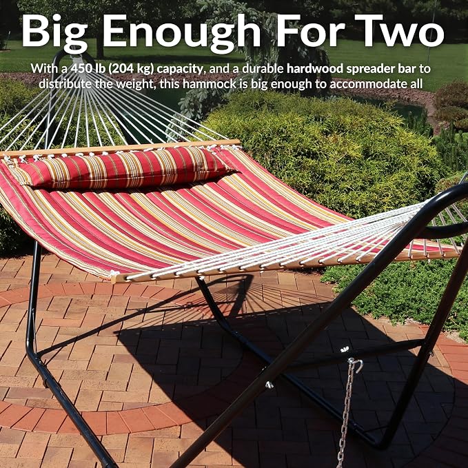 Sunnydaze Quilted Double Hammock with Stand for Outside - 440 lb Capacity Universal Black Steel Stand - UV Resistant, Quick Dry Fabric - Pillow, Chains, and Hardware Included - Red Stripes