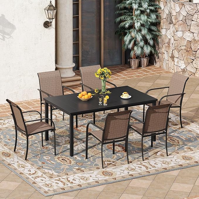 VICLLAX 7 Pieces Patio Outdoor Dining Set, 63" Rectangular Metal Dining Table with Umbrella Hole and 6 Stackable Textilene Chairs for Lawn, Garden, Porch, Black/Brown