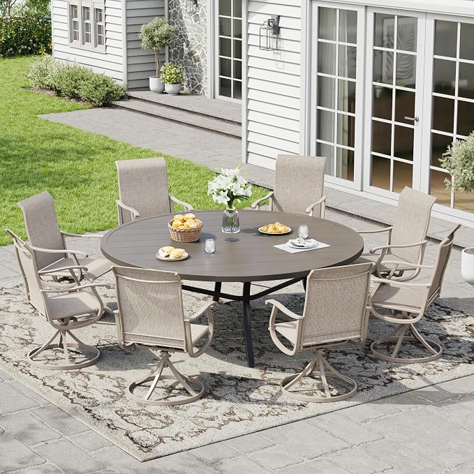 9 Pieces Patio Furniture Dining Set, 8 Textilene Swivel Dining Chairs, 60" Outdoor Round Metal Table with 1.57" Umbrella Hole, Outdoor Dining Set for Porch, Lawn, Garden, Grey/Sand