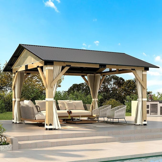 11' x 13' Wood Gazebo, Outdoor Hardtop Gazebo with Netting and Curtains, Cedar Wooden Frame Gazebos with Galvanized Steel Roof for Garden, Patio