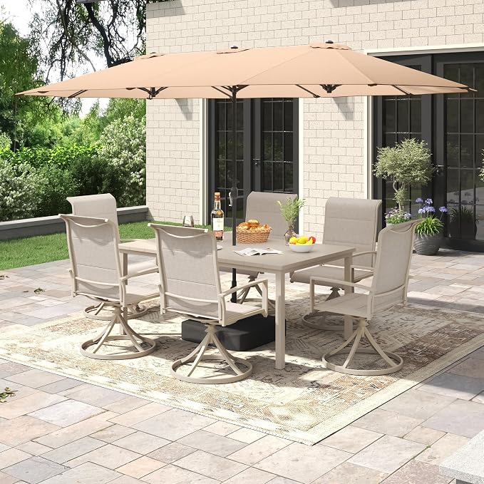 Outdoor Dining Set for 6, 8 Pieces Patio Table and Chairs Set with Umbrella, 63" Outdoor Dining Table and Padded Textilene Patio Swivel Chairs for Garden Backyard, Sandshell