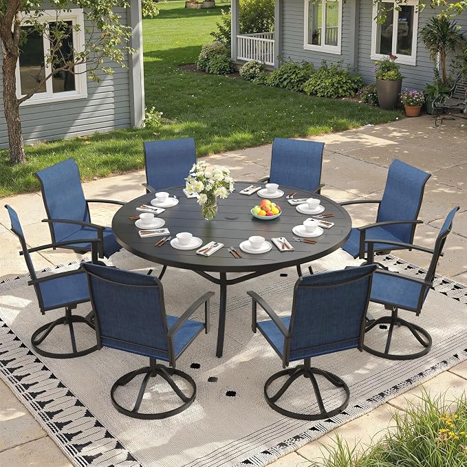 9 Pieces Round Patio Dining Set, Outdoor Furniture of 60" Round Patio Table and Patio Swivel Chairs for Backyard Lawn Garden, Black Table and Dark Blue Chairs