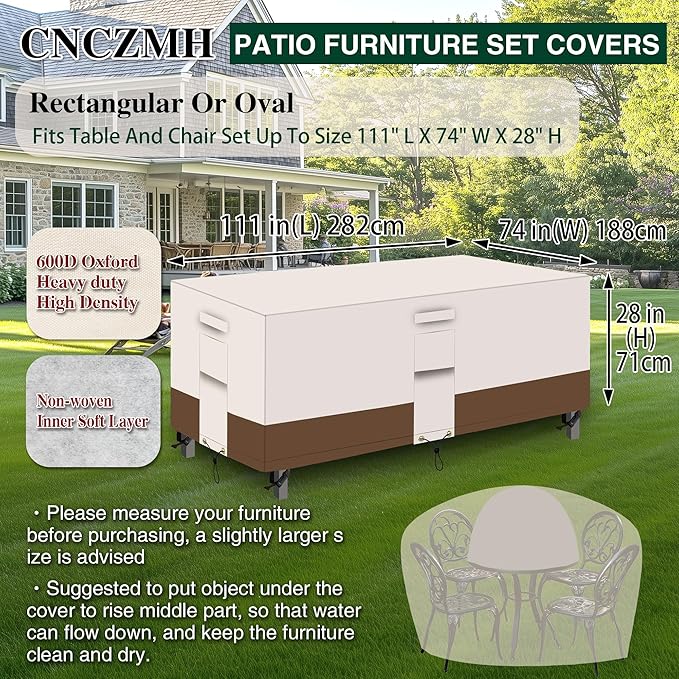 Heavy Duty Patio Furniture Covers Waterproof, 600D Outdoor Furniture Cover Waterproof for Sectional Sofa Couch, Outdoor Dining Table and Chair Set Covers 111''L x 74''W x 28''H, Beige Brown
