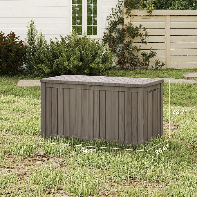 180 Gallon Deck Boxes Outdoor Waterproof, Outdoor Storage Box with Lockable Lid & UV-Resistant for Patio Furniture, Outdoor Cushions, Garden Tools and Pool Supplies, Light Brown