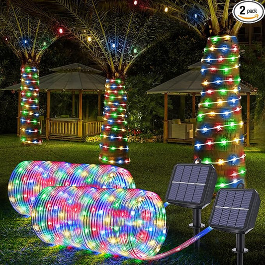 Solar Rope Lights, 2 Pack Total 66ft 200LED Solar String Lights, 8 Modes Waterproof Solar Outdoor Light, Flexible Clear Trampoline Light for Garden Yard Patio Deck Porch Pool Tree Decor - Multicolor