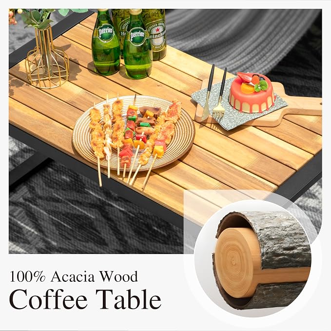Sophia & William 4 Pieces Patio Conversation Set, Wicker Outdoor Furniture Set for 4, All Weather Outdoor Seating Set, Rattan Loveseat & Single Chairs with Cushions & Acacia Wood Coffee Table