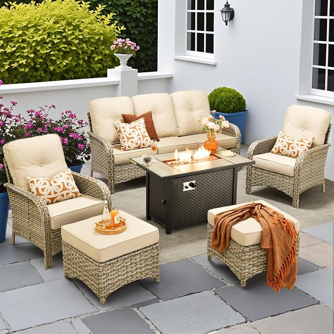 6-Piece Outdoor Patio Furniture Set with Fire Pit Table,All Weather Wicker Rattan Patio Seating Sofa and Chair Set with Ottomans,Outdoor Conversation Sets with 3 Seater Couch for Porch Deck Yard,Beige