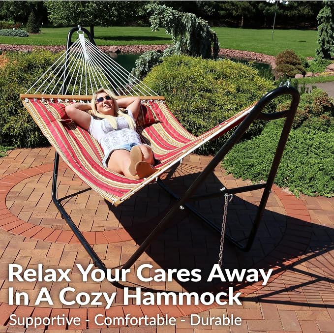 Sunnydaze Quilted Double Hammock with Stand for Outside - 440 lb Capacity Universal Black Steel Stand - UV Resistant, Quick Dry Fabric - Pillow, Chains, and Hardware Included - Red Stripes