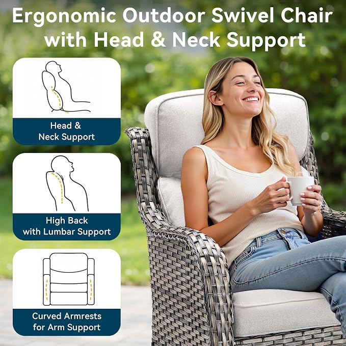 Luxury High Back Outdoor Swivel Rocker Patio Chairs with Side Table & 6-Inch Thick Cushions, 3 Pieces Patio Furniture Set for Porch, Balcony, Deck and Yard