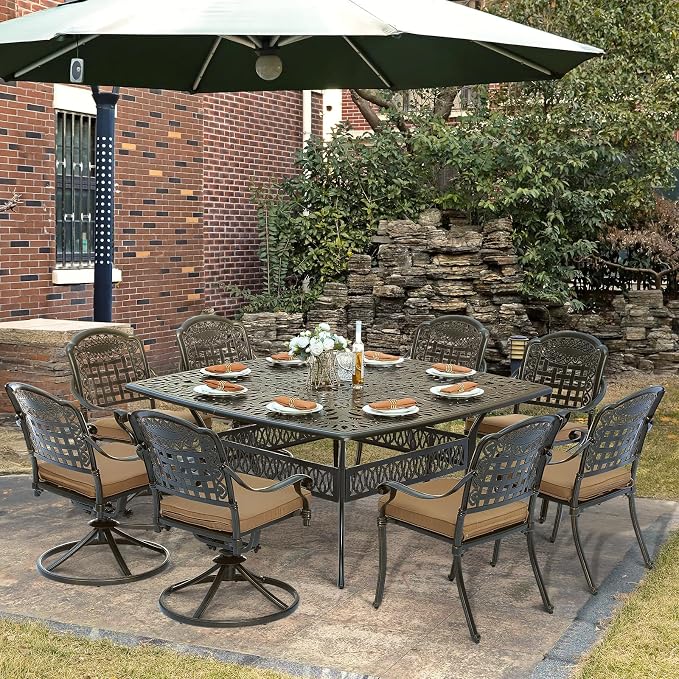 SOCIALCOMF 9-Piece Patio Cast Aluminum Dining Set, Outdoor Table and Chairs Set for 8, Includes 64" Large Square Dining Table, 4 Stationary, 4 Swivel Dining Chairs with Umbrella Hole, Tan