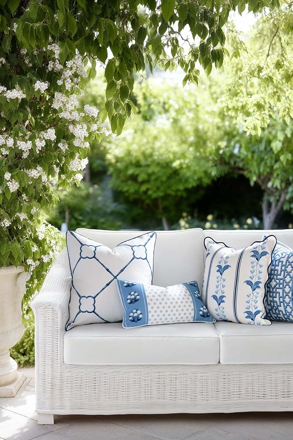 Hofdeco Premium Coastal Hampton Patio Indoor Outdoor Lumbar Pillow Cover Only, 12"x20" Water Repellent for Backyard, Couch, Poolside, Azure Blue Print Block Print Striped Lily of the Valley