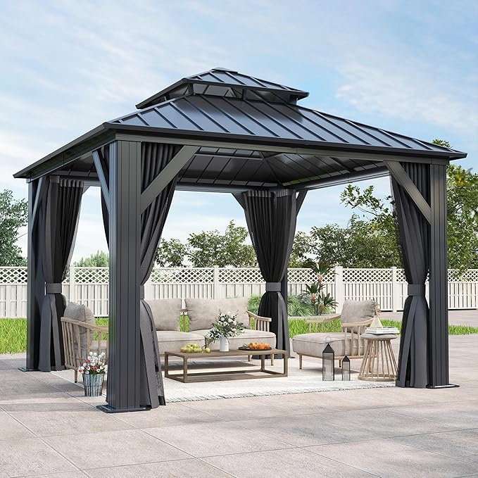 GARTOO 10'x10' Outdoor Hardtop Gazebo with Double Roof - Heavy-Duty Steel Top Aluminum Frame Gazebo with Breathable Netting & Privacy Curtain for Patio, Porch, Garden, Lawn, Deck, Backyard
