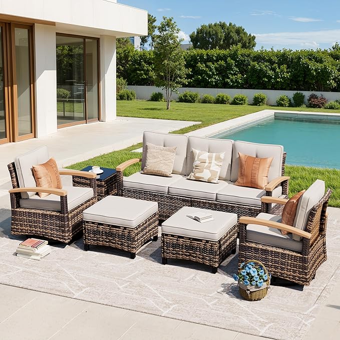 MEISSALIVVE 6 Pieces Patio Furniture Sets,Wicker Patio Conversation Sets with 2 Wood Armrests Swivel Glide Chairs, 2 Ottomans for Deck Yard and Poolside (Beige)