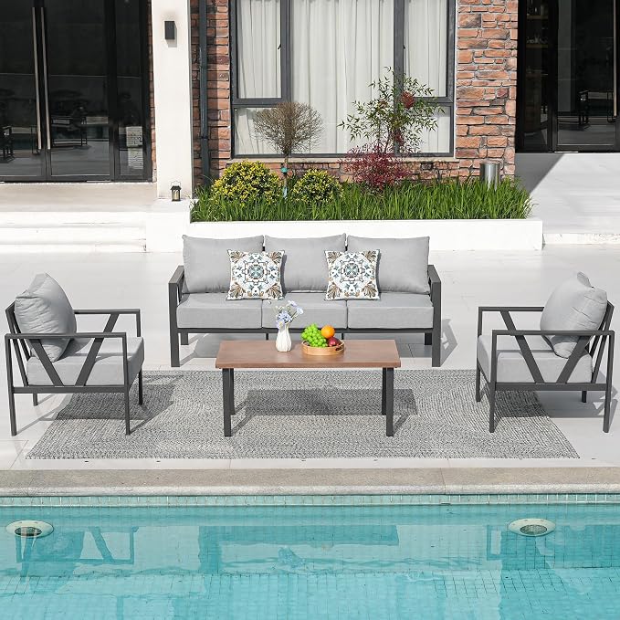 Patio Furniture Set, Metal Outdoor Furniture with Coffee Table, Modern Outdoor Patio Conversation Seating Set,Light Grey