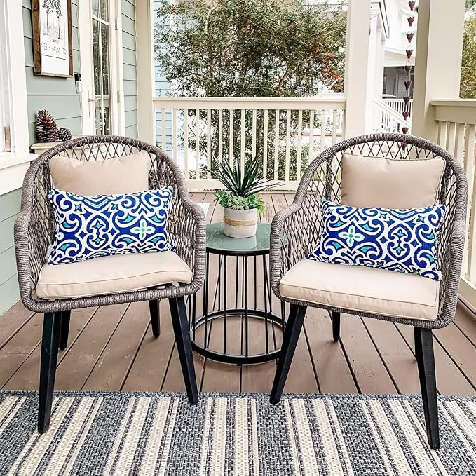 PHI VILLA 3-Piece Patio Conversation Bistro Chat Set All-Weather Wicker Outdoor Furniture for Small Patio, Porch, Balcony w/ 2 Wide Ergonomic Chairs, Glass Top Side Table (Grey)